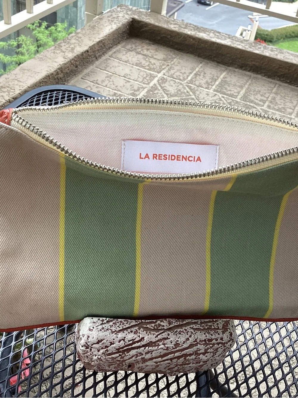 La Residencia Striped Canvas Zip Pouch in Green and Beige
